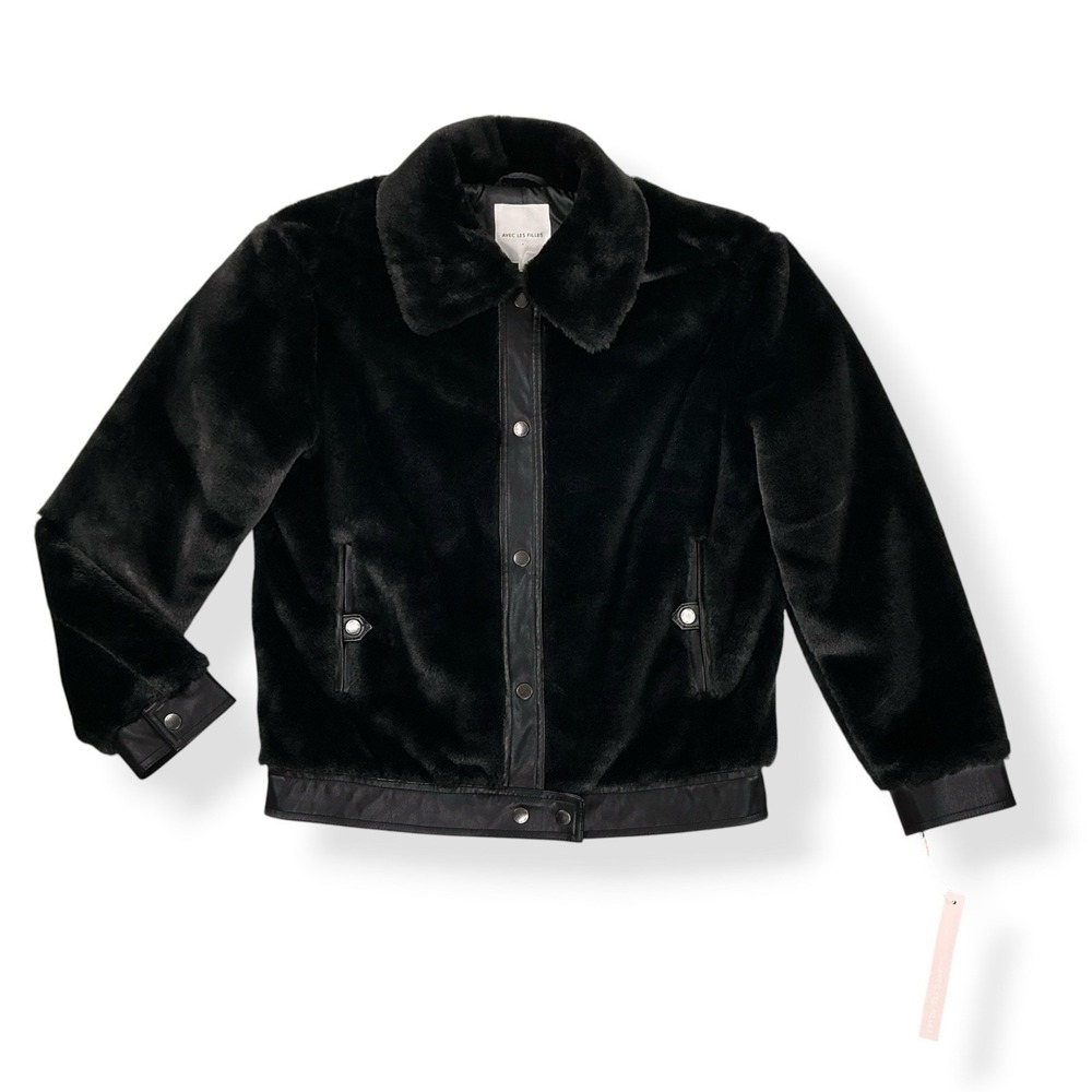 Avec Les Filles Jacket Women Medium Black Faux Fur Bomber Long Sleeve Snaps NWT